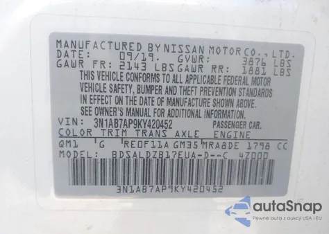 2019 Nissan Sentra Sv z USA, uszkodzony, nr VIN 3N1AB7AP9KY420452